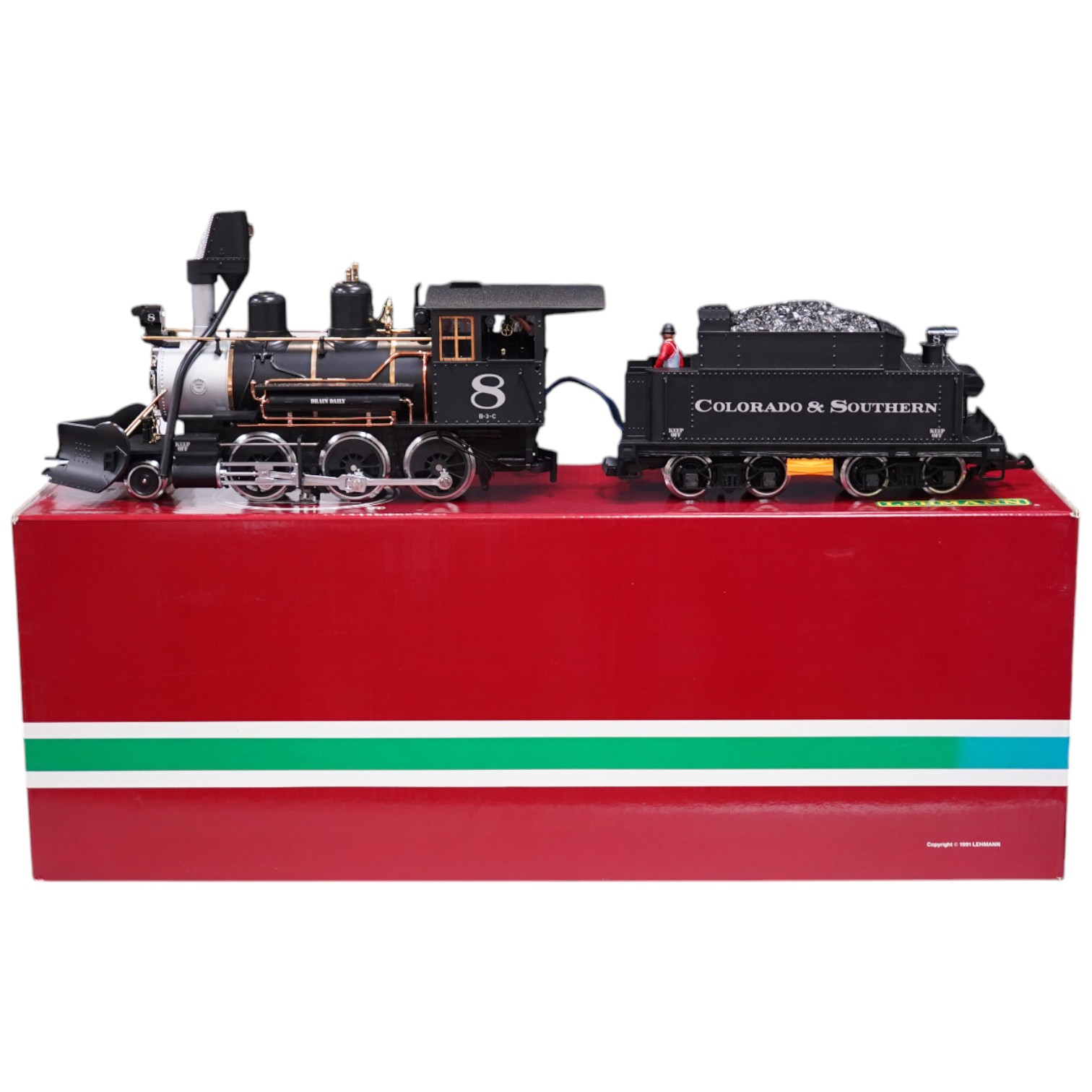 A boxed Lehman LGB (2319 S) G scale railway Colorado & Southern Railway 2-6-0 locomotive, 8, in black livery. Condition - good, evidence of minor running wear only.